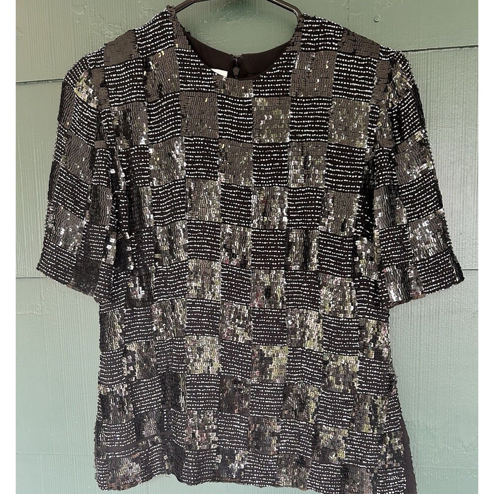 Vintage JAEGER Black Silk Sequin Beaded Checkerboard Blouse Top Gatsby Small